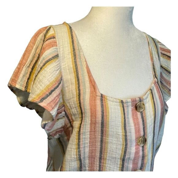 American Eagle Button Down Shirt Pastel Stripe Gauzy Knit Flutter Short Sleeve C - Picture 2 of 9